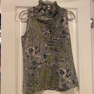 JCrew. Size 4, sleeveless ruffle neck dress shirt. Colors: teal, cream, yellow.